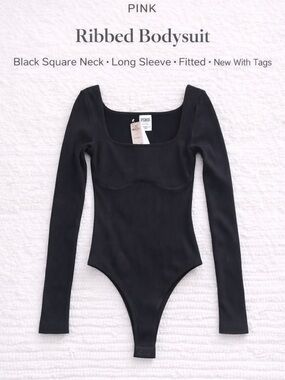 PINK VS Ribbed Bodysuit Black Square Neck Long Sleeve Fitted NWT